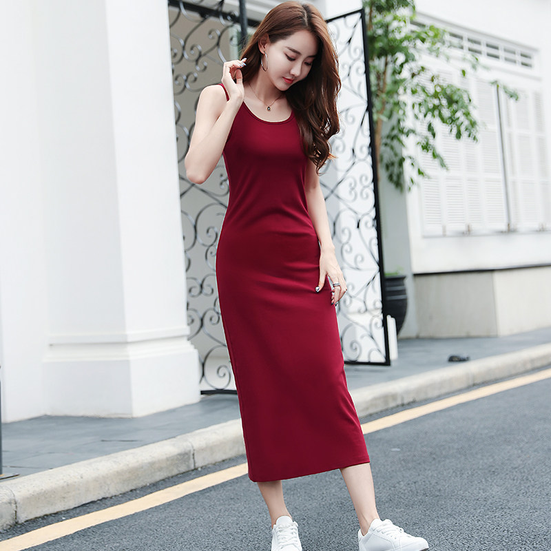 无袖吊带背心裙170高个子到脚踝超长红色连衣裙夏天超好看大长腿