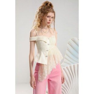 女 25年夏假两件背心粉色渐变钉珠阔腿牛仔裤 茬客甜酷个性 吊带套装