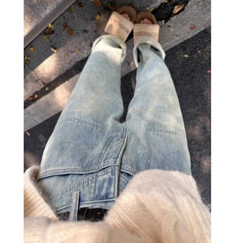 秋冬新款加绒加厚宽松直筒牛仔裤女复古浅蓝色水洗高腰窄版阔腿裤