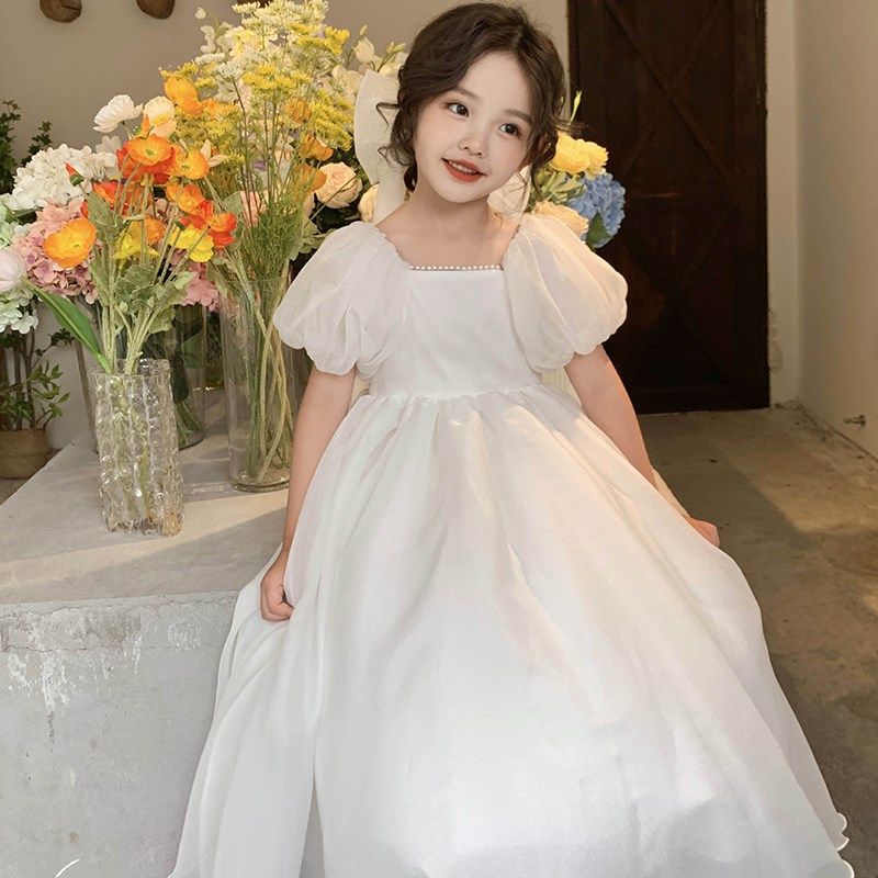 送头纱女童夏季高级感洋气白色婚纱主持人礼服纱裙儿童生日公主裙