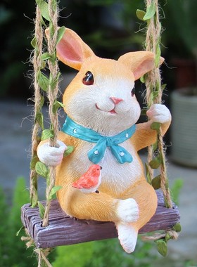 花园阳台卡通兔子秋千挂件幼儿园动物装饰户外庭院子树上造景摆件