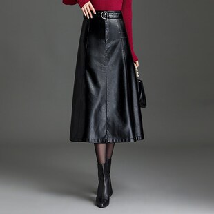 咖色高腰皮裙半身裙女2024新款秋冬中长款A字显瘦包臀大码皮长裙