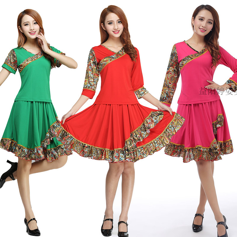 广场舞服装新款套装春夏牛奶丝跳舞裙裤女中老年演出服舞蹈大摆裙