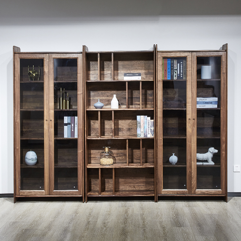 北美黑胡桃木书柜置物架实木储物柜客厅落地组合满墙书架带玻璃门