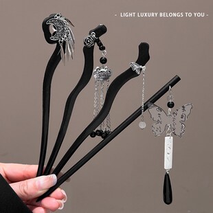 儿童发簪新中式古风女童黑檀木步摇盘发钗簪子汉服马面裙配饰头饰