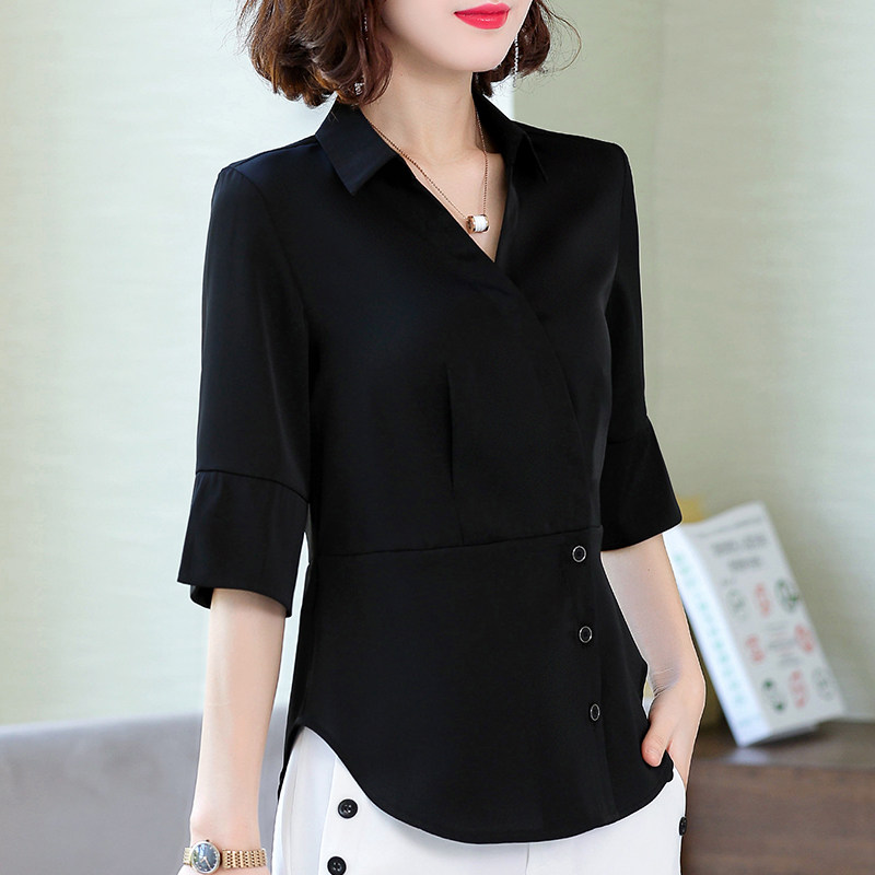 雪纺衬衫女短袖小衫中袖衬衣七分时尚洋气妈妈上衣2021年夏装新款