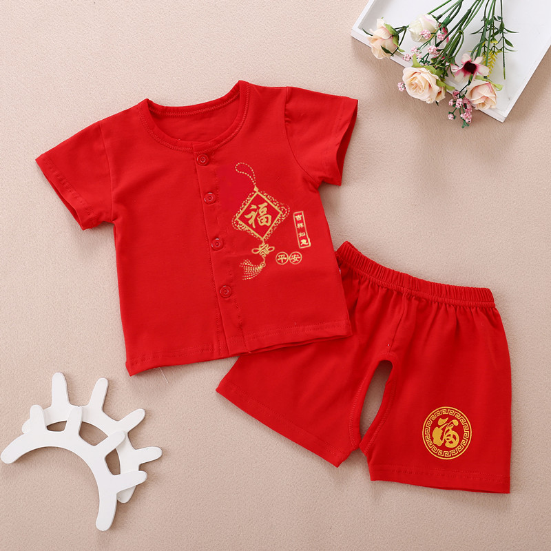 婴儿衣服夏装红色套装6宝宝夏季薄款分体周岁礼服九个月开档4男宝图片