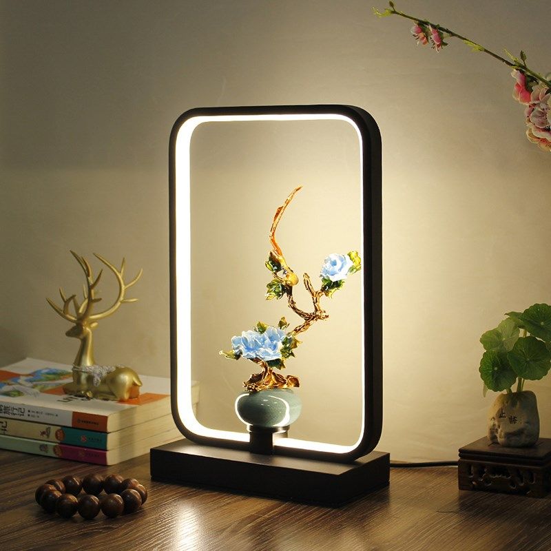 中式书房卧室led灯客厅照明床头柜个性智能创意方形装饰荷叶台灯