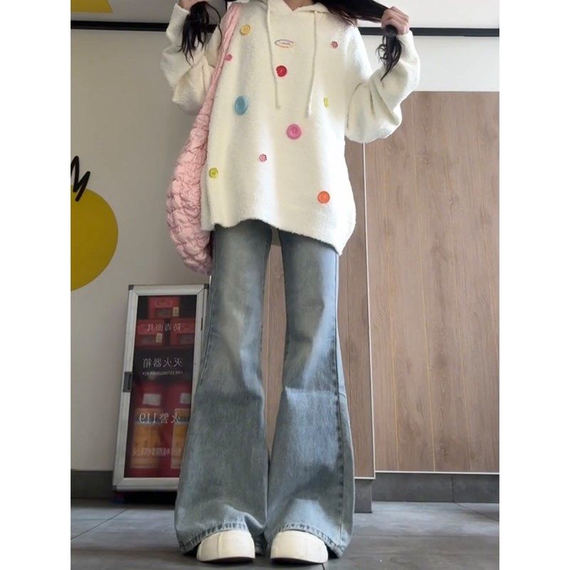 浅蓝色微喇叭牛仔裤女春秋2024新款小个子显瘦高腰直筒宽松阔腿裤