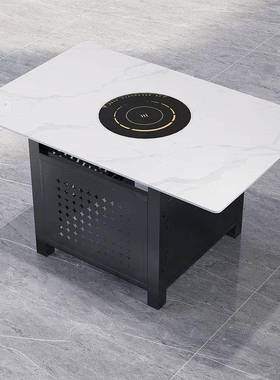 轻火锅桌子xki-37电炉一体奢磁餐馆岩板无烟桌烧烤火锅店长桌圆椅