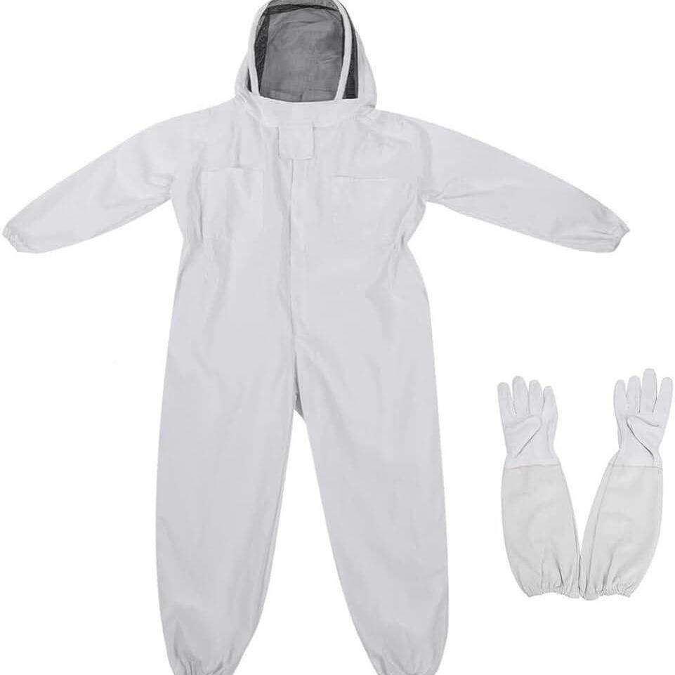 养蜂用防蜂加厚太空服+白ZAQ布羊皮帆手套服养蜂护服连体防蜂防衣