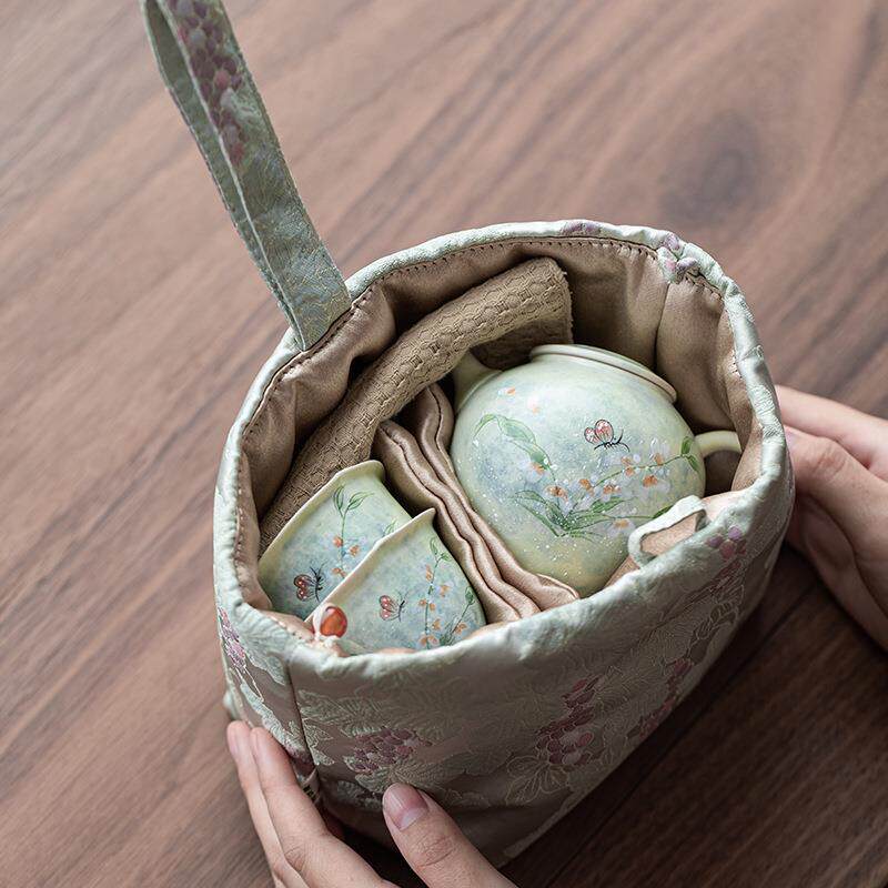 手绘心文旅行茶茶壶套装一壶两杯带收MST-340纳包便携户外具喝兰