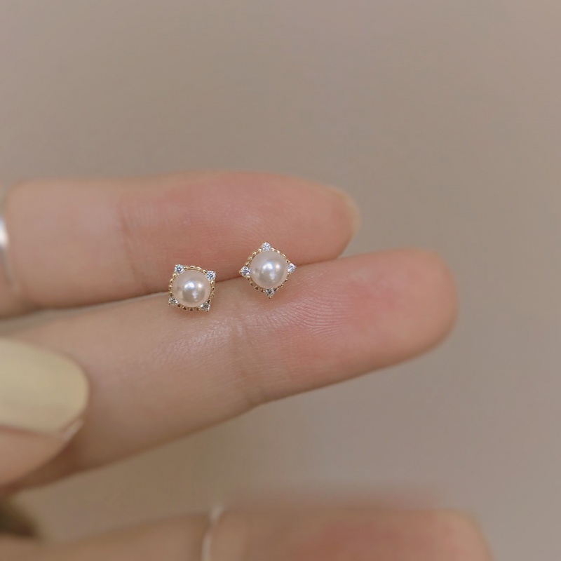 srrmhyn银针迷你菱形复古珍珠小耳钉 小钻镶边法式优雅耳饰