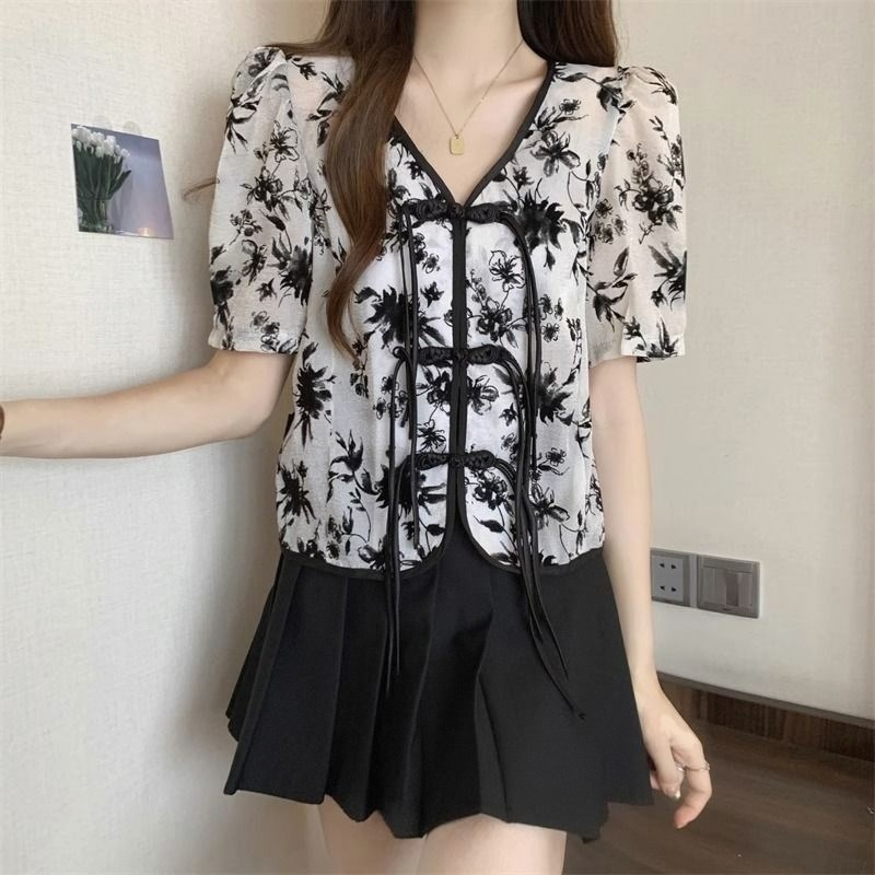 复古新中式碎花衬衫女夏季新款大码胖mm显瘦国风盘扣小衫V领上衣