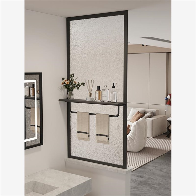 奶油风卫生间半墙屏风洗手台隔断不锈钢铁艺干湿区毛巾置物架定制