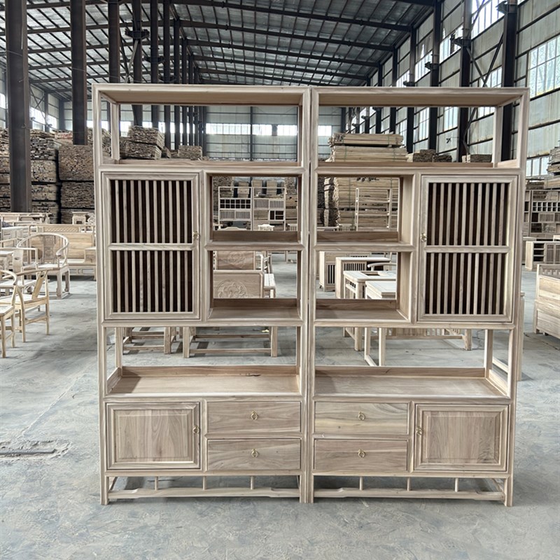 北榆木新中式博古架茶叶展示架储物柜书柜隔断置物架实木白胚