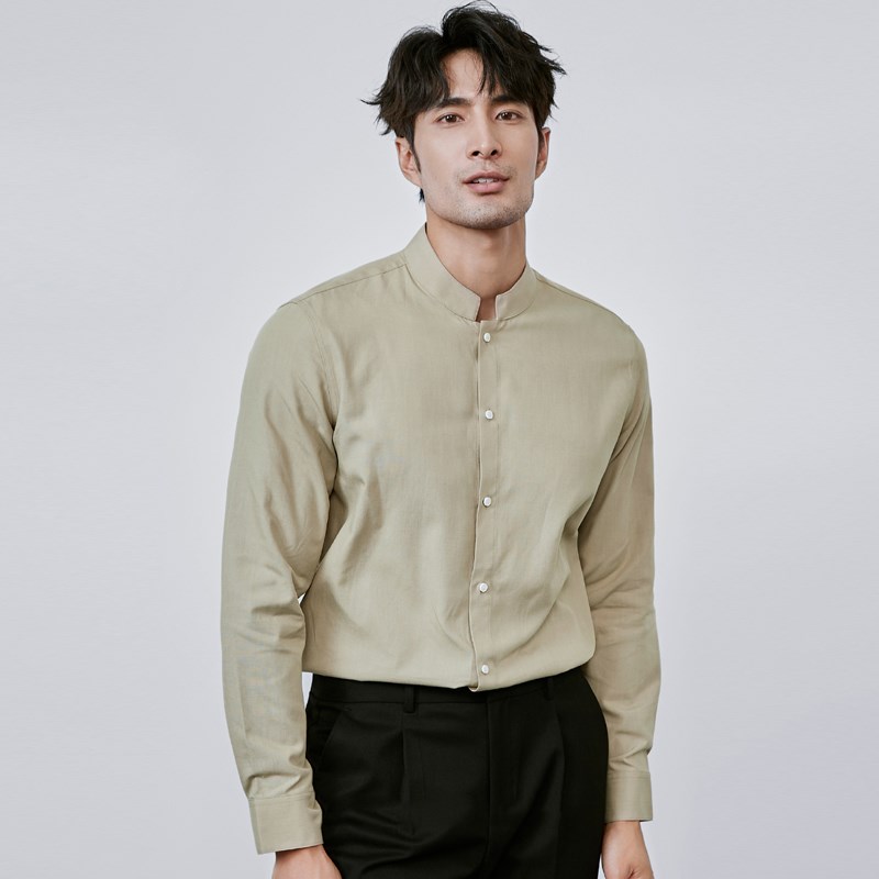 春款男士休闲立领长袖衬衫加肥加大码 商务设计感黑色衬衫高级感