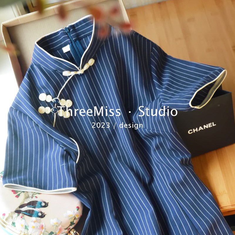 南笙 民国风条纹文艺旗袍2024日常收腰显瘦长连衣裙复古少女学生