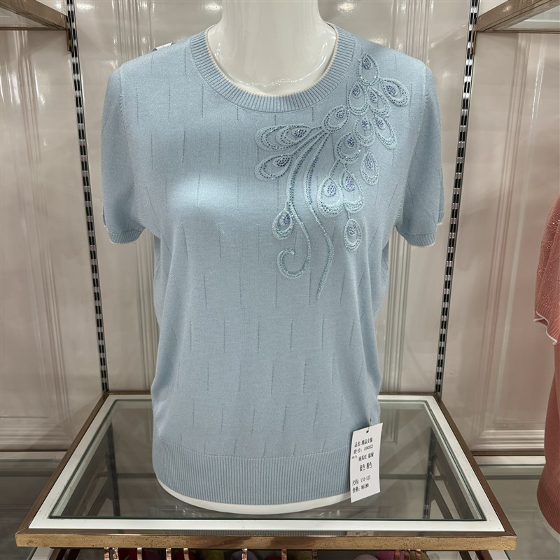 针织衫夏季短袖T恤女时尚宽松提花上衣圆领妈妈小衫