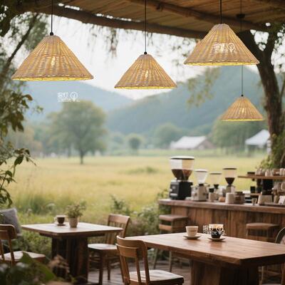 外竹编吊灯复古藤户艺草帽灯具文旅营景区露装饰竹篮防87932灯水