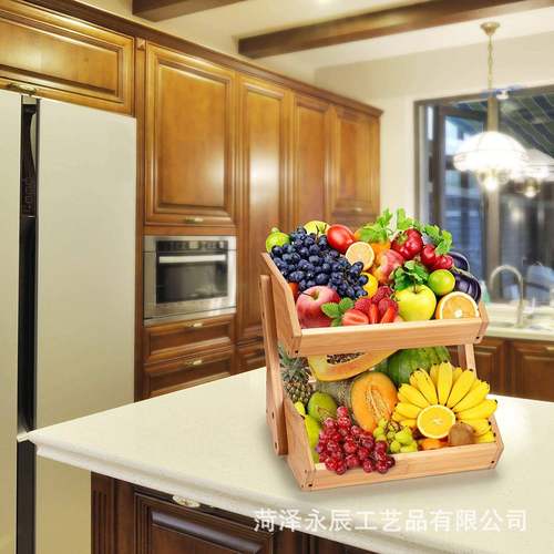 现货竹两层水果篮碗碟纳收架厨房制台面蔬菜包置物整理双层置物架