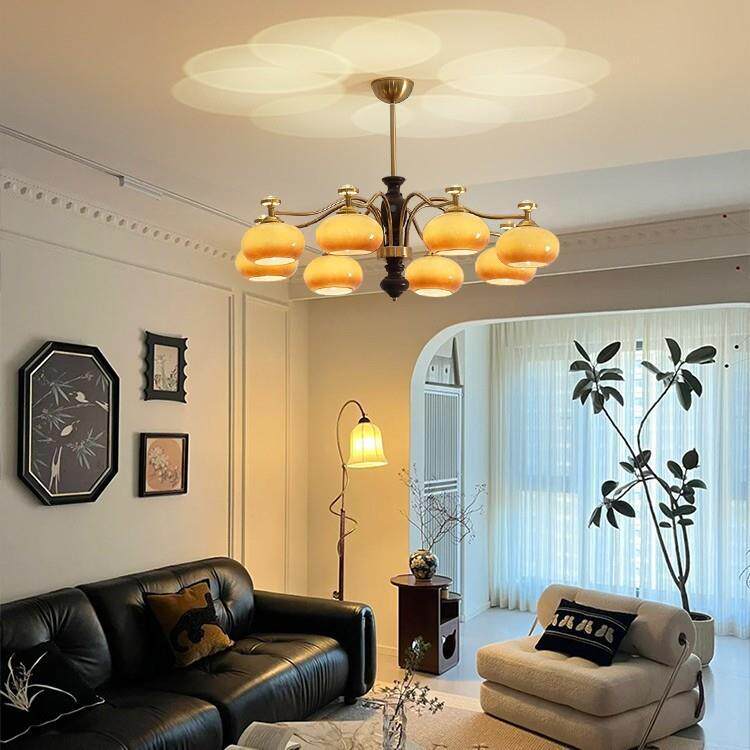 式美复古实272木客厅吊灯中古风柿子投影式吊灯法油风氛围奶卧室