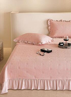 床夏亚马逊奢双面天丝盖凉三件套轻纯色绗缝夹棉花边床单可OYD机