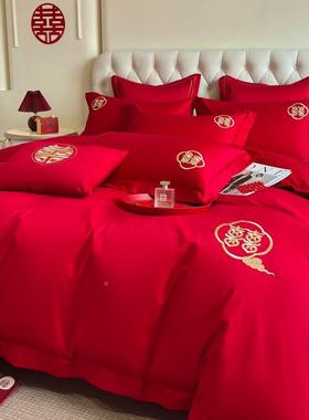 结婚喜庆四件套红纯色婚嫁F78S9T8H上婚礼刺绣套棉床单新被婚庆床