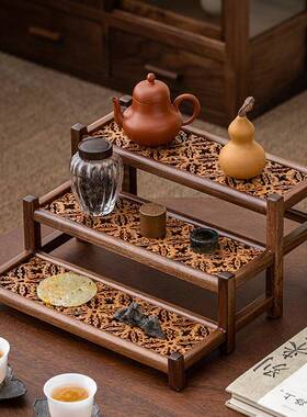 手工桃木展示茶架YJJY-086两层三层收纳博古架茶室居家面桌摆件核