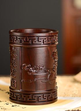 黑檀木雕大宏笔图筒老鹰展工办艺品公室书桌家居木FJR01541质笔筒