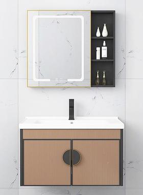 跨境轻智奢能镜柜组太空合铝挂墙式一HCS01体陶瓷盆条浴纹洗漱台