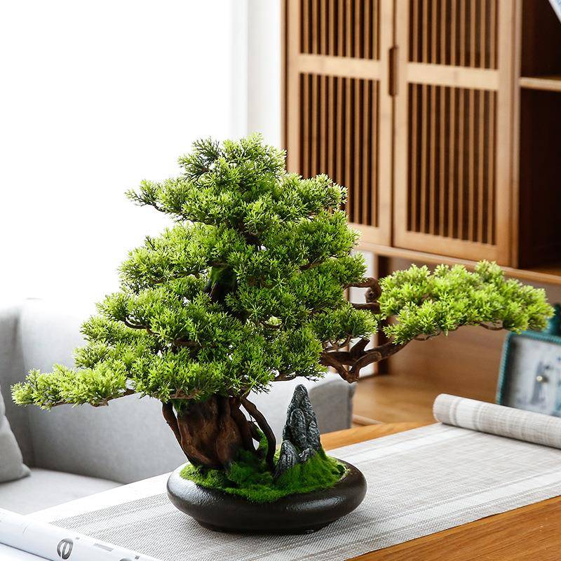 彷真迎客居盆松景绿植盆栽客厅49090电视玄关办公室家装柜饰新中