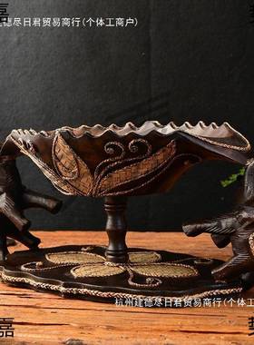 木刻TXB泰国实象件亚复古创意摆装饰门厅客厅茶几竹编果盘