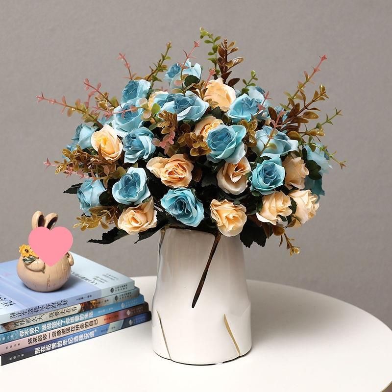欧式仿真花套装玫瑰花束装饰花插花假花绢布客厅卧室茶几餐桌摆设