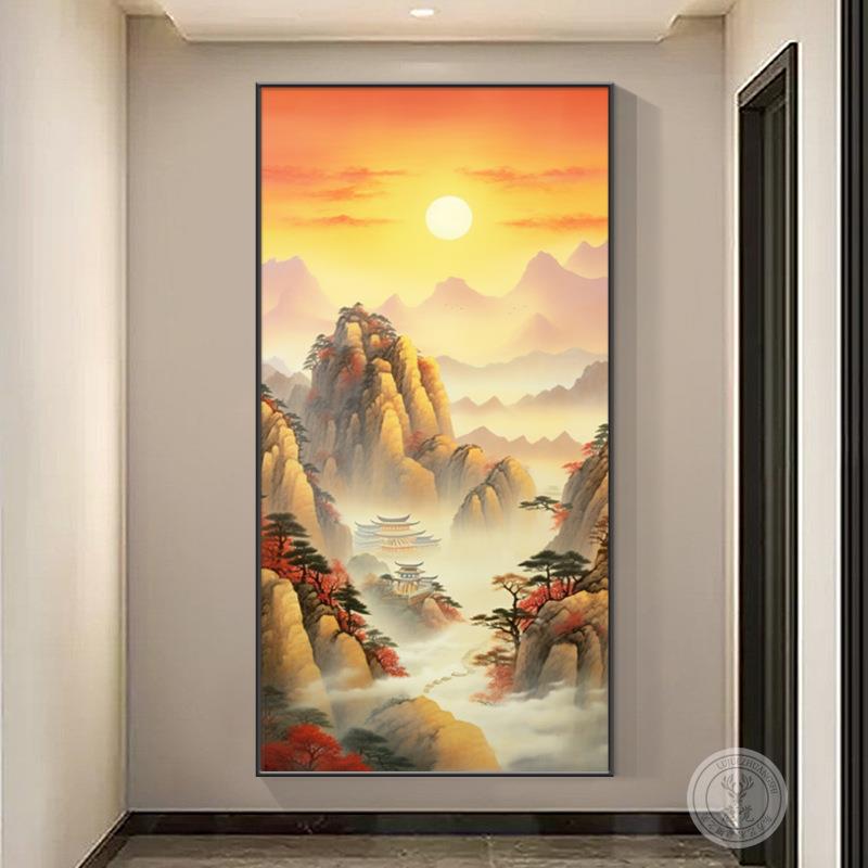 新4639中式竖入户正对门玄关喷装饰画绘山国水画版挂画走廊过道墙