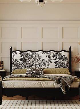 款法复古实木双人床美式中古轻新奢1主卧黑色TXY.8米软包婚床大式