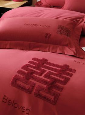 新中式婚床庆澳全棉棉四件套加厚百喜婚嫁刺绣套单红色结婚被QII