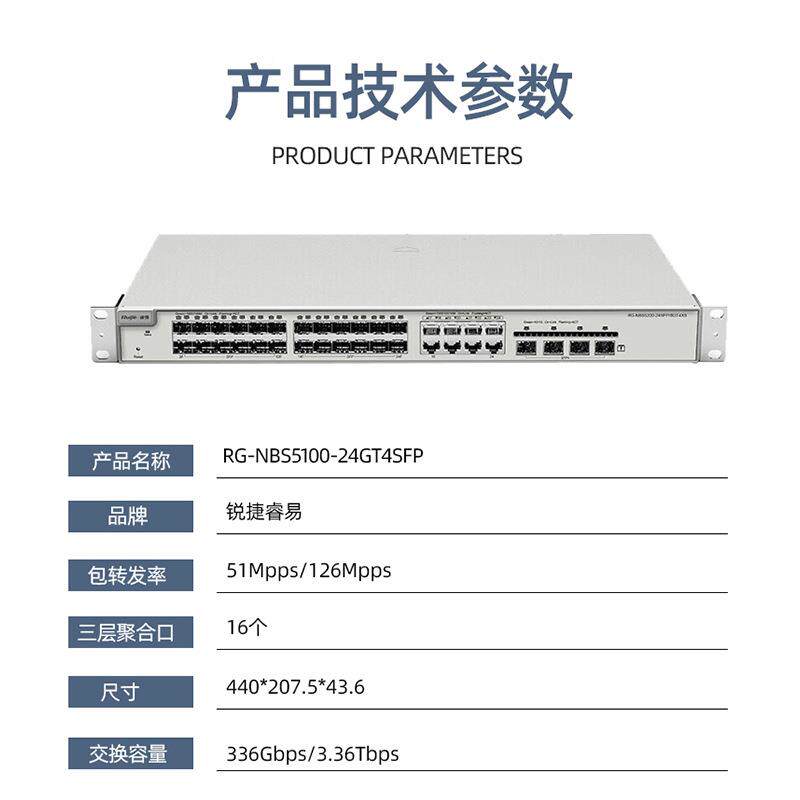 锐RG-NBS捷51-24GT4SFP0240个千兆电口4个千兆光口三OLK层交换机