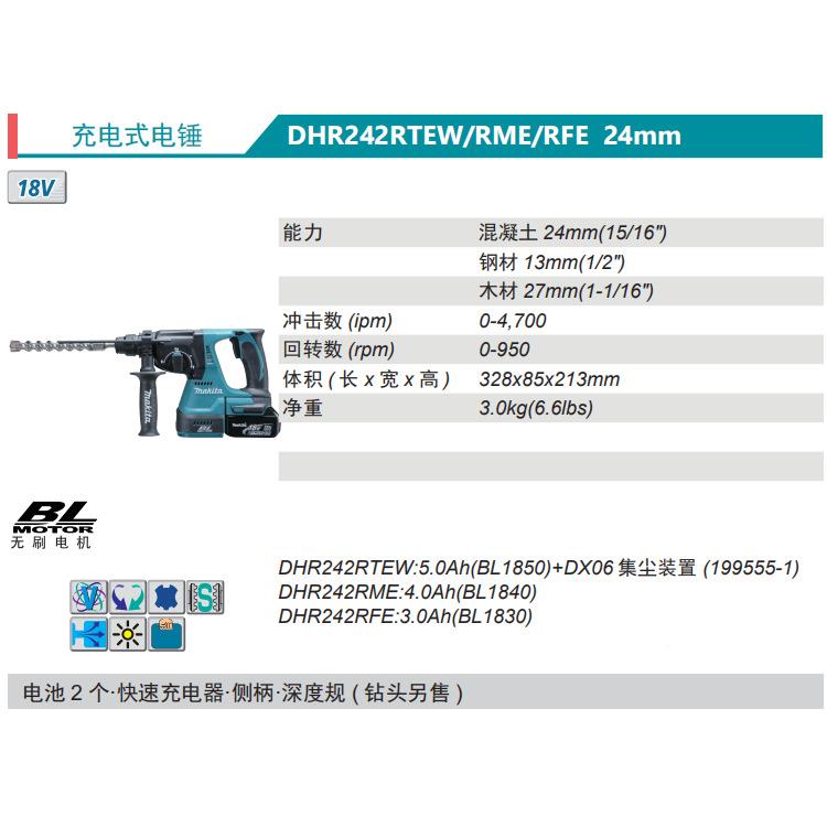 牧MakitDHR242RMa充电电锤DH田R24无2RTEW/RME式/Z刷锂电24型