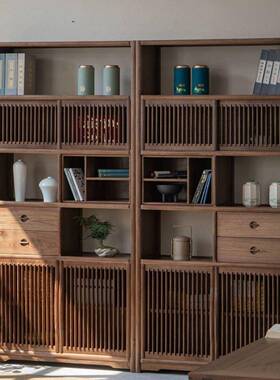 新中式实木博架黑胡桃柜展示柜老古榆木QKI多书宝阁书架茶物室置