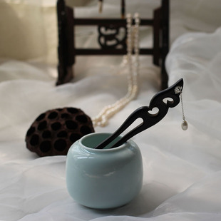 幽篁里  文艺及笄礼物古风黑檀木簪子镶银珍珠步摇发钗双股发簪