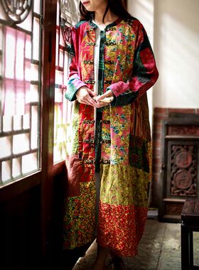 秋季中国风长款风衣女过膝超长民族风拼接款花色棉麻外套女装复古