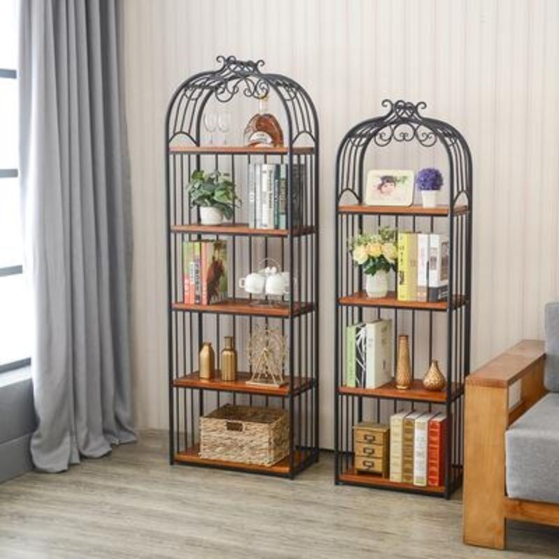 新复古铁艺鸟笼置物架落地花架实木书架客厅置物架卧室木板展示架