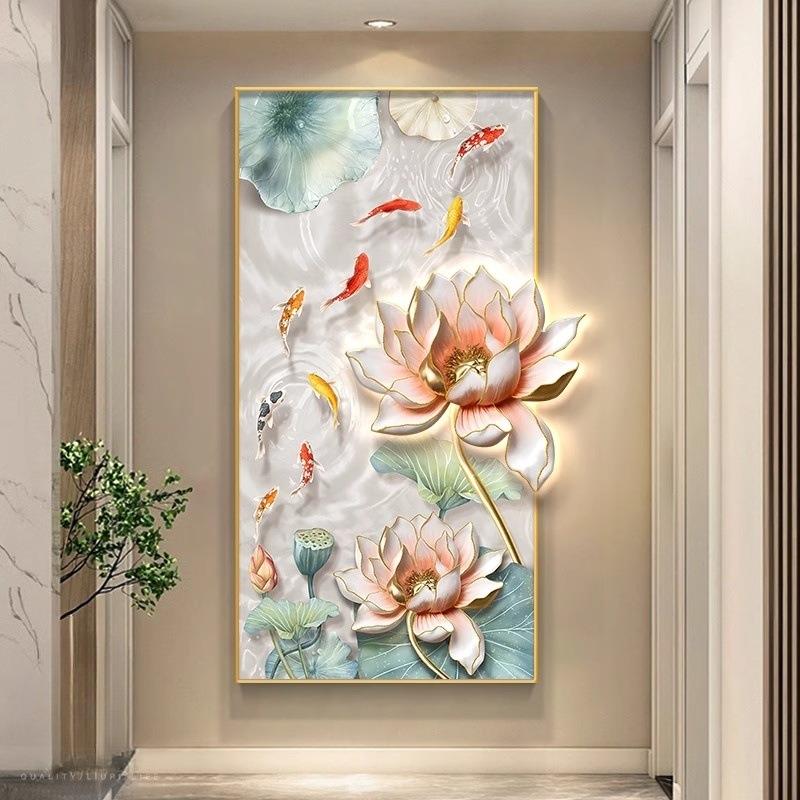 BYK九鱼图玄代关装饰画轻奢入户门正对挂墙高端画现走过廊道荷花
