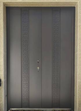 中式风格双开ADP门浮指雕铝门亚灰色铸极窄边板工艺防盗门纹锁大