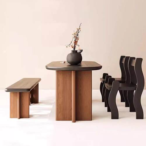 法式中风实VNU木餐桌复现家用设计师款黑色饭桌古艺代术书桌办古