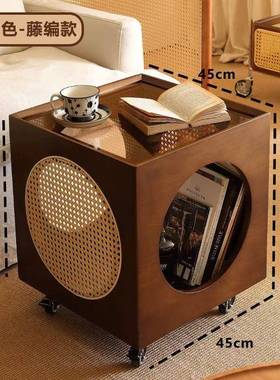 中古风客厅可移动茶实边几沙发推车边床头XDO柜木藤编小复桌置物