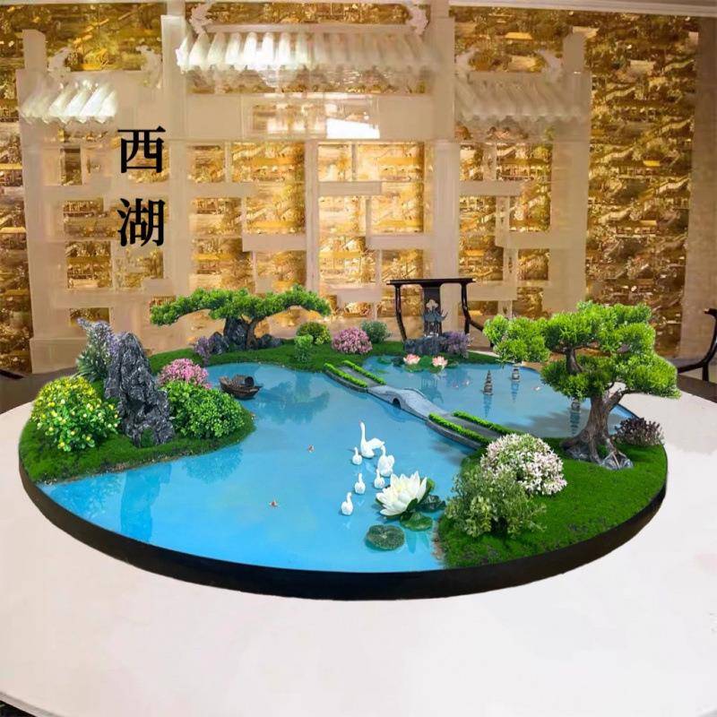 酒店餐转盘高中间摆件圆形缩景观桌西湖造景轻LIZ奢档微山水桌花