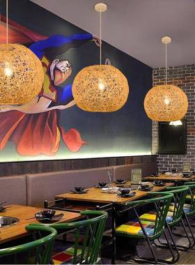 中式新竹茶编餐TE8652厅吊禅意室餐饮客厅卧灯室灯复古竹艺灯笼灯