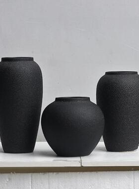 北欧复陶古磨砂黑色陶罐干花花花瓶摆件家居客HZH厅禅意插粗陶瓷